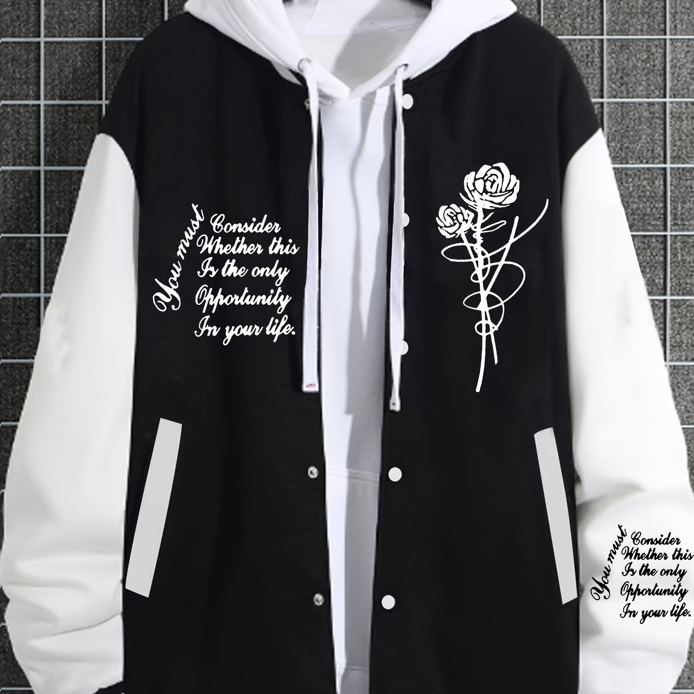 1pc Men'S Fashion Casual Sports Jacket with Rose Print - Polyester Knit Fabric, Baseball Collar, Double Breasted Closure, Regular Fit, Slight Stretch, Animal Pattern, Pocket Details, Lined with Polyester Fiber