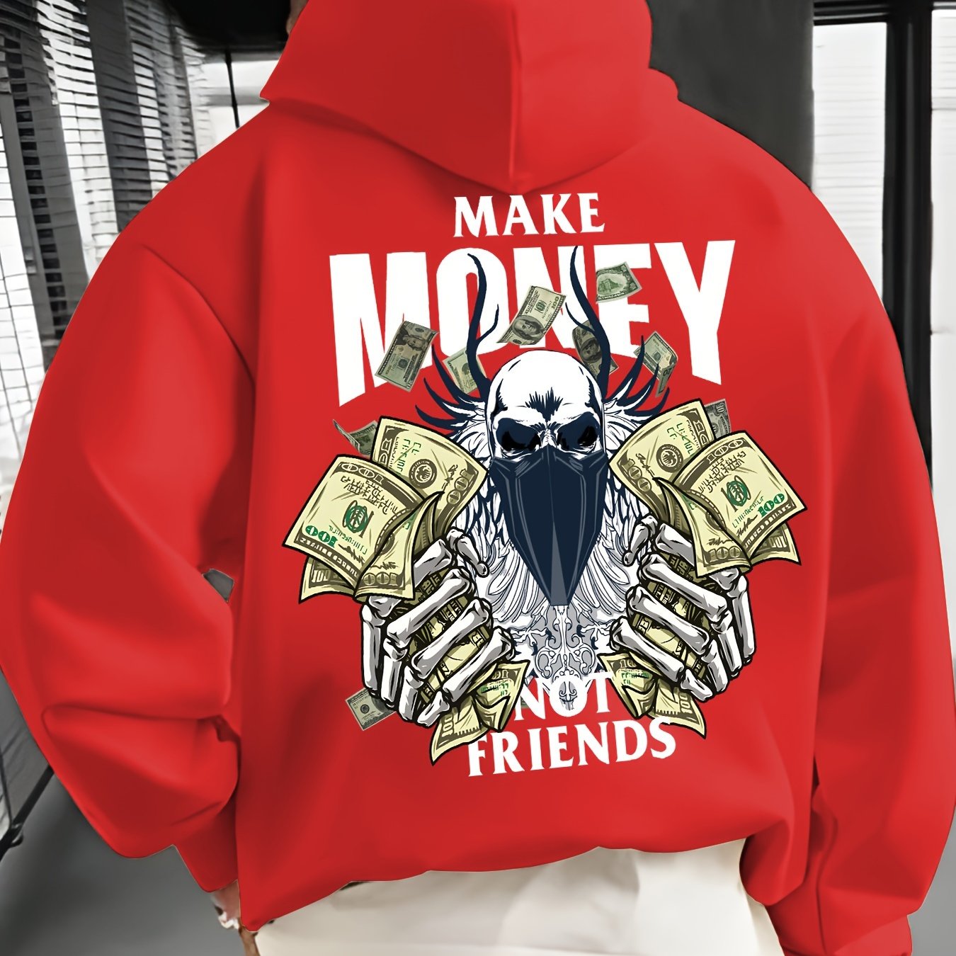 MAKE MONEY NOT FRIENDS Print Kangaroo Pocket Hoodie, Casual Long Sleeve Hoodies Pullover Sweatshirt, Men's Clothing, For Fall Winter
