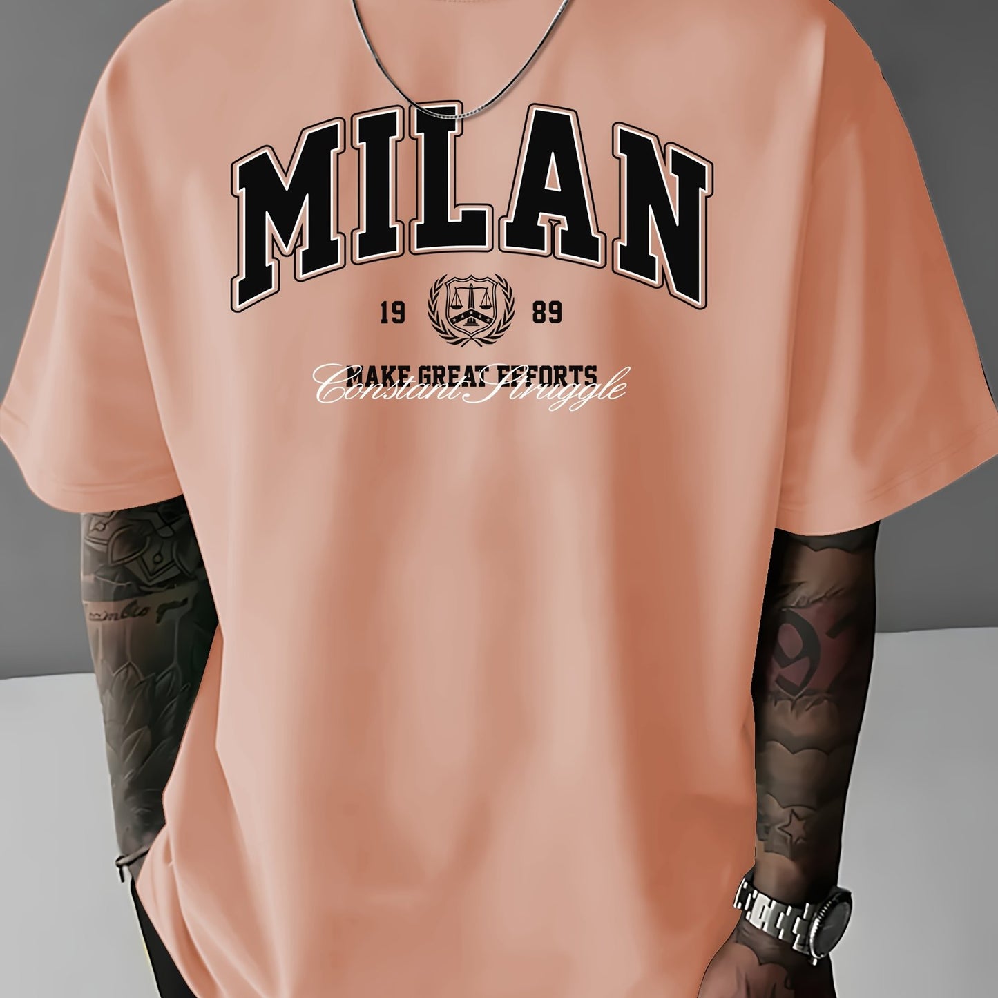 MILAN 1989 Graphic Print T-Shirt for Men - 100% Polyester Street Style Tee with Crew Neck, Slight Stretch Fabric, Casual Loose Fit Short Sleeve Top for Summer, Knit Weave
