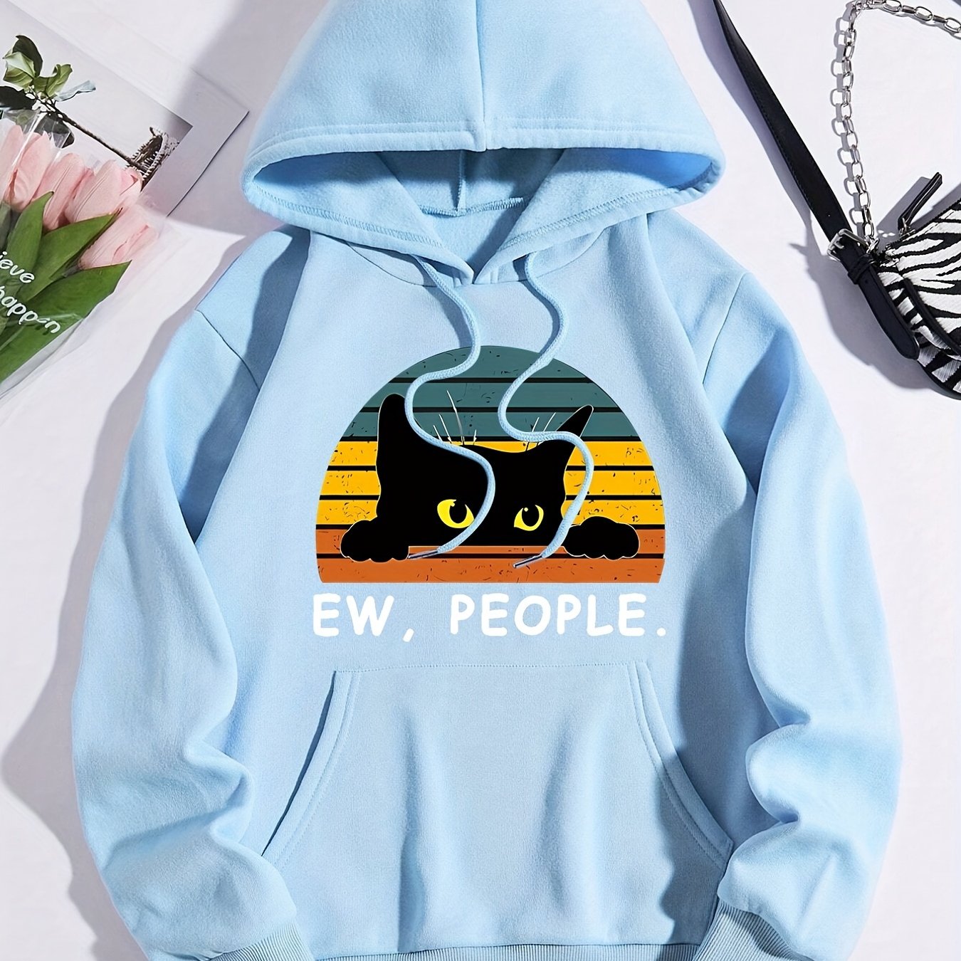 Cat Print Kangaroo Pocket Hoodie, Casual Long Sleeve Drawstring Hoodies Sweatshirt, Women's Clothing