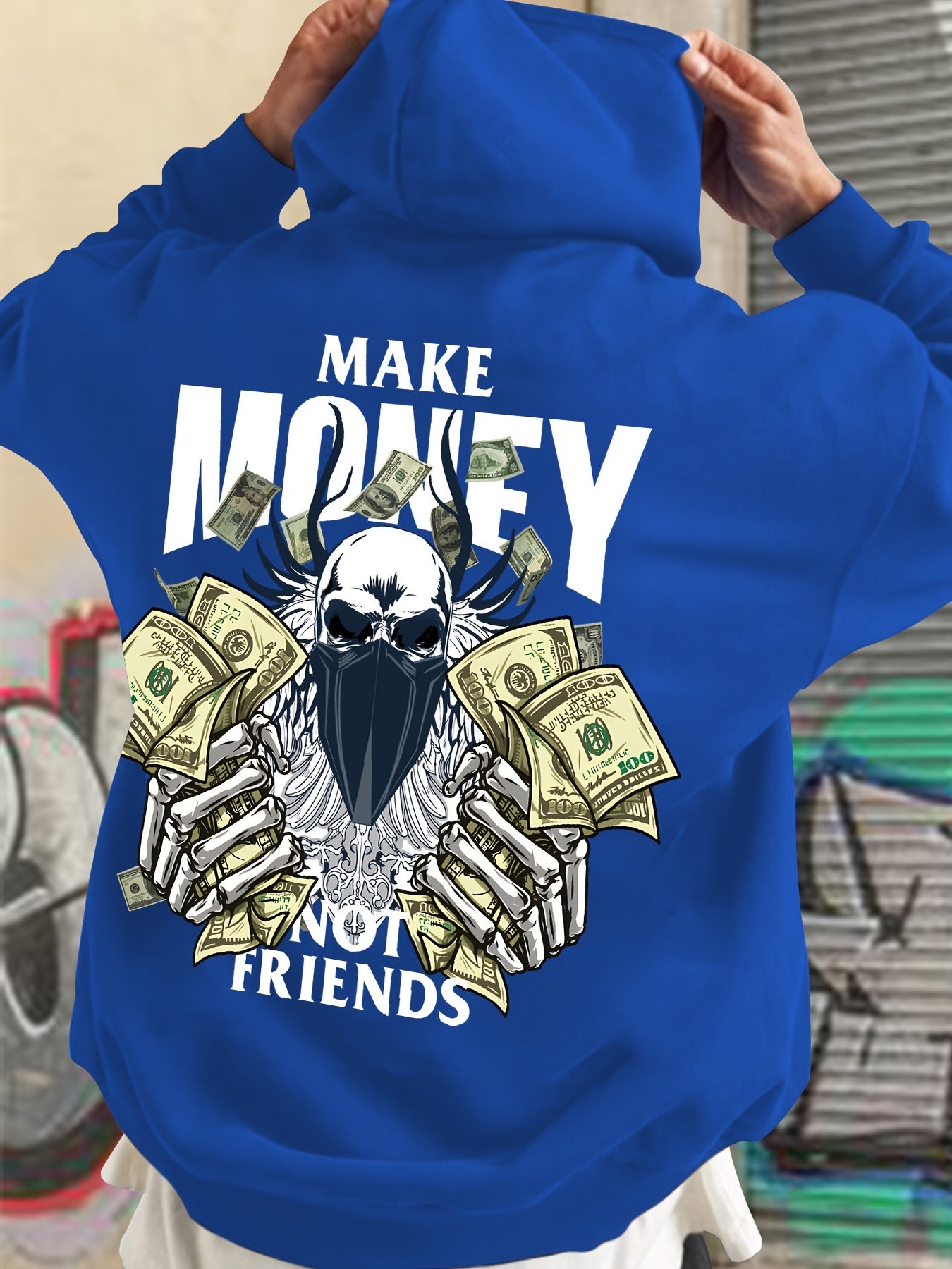 MAKE MONEY NOT FRIENDS Print Kangaroo Pocket Hoodie, Casual Long Sleeve Hoodies Pullover Sweatshirt, Men's Clothing, For Fall Winter