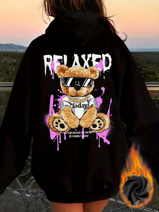 Chic Bear & Letter Print Hoodie for Women - Casual Long Sleeve Pullover with Kangaroo Pocket, Polyester Blend, Machine Washable