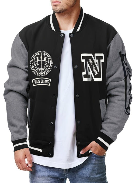 Men's Athletic Sporty Style Varsity Jacket, Casual Color Block Snap Button Jacket, Fashion Collegiate Baseball Outerwear For Spring And Fall