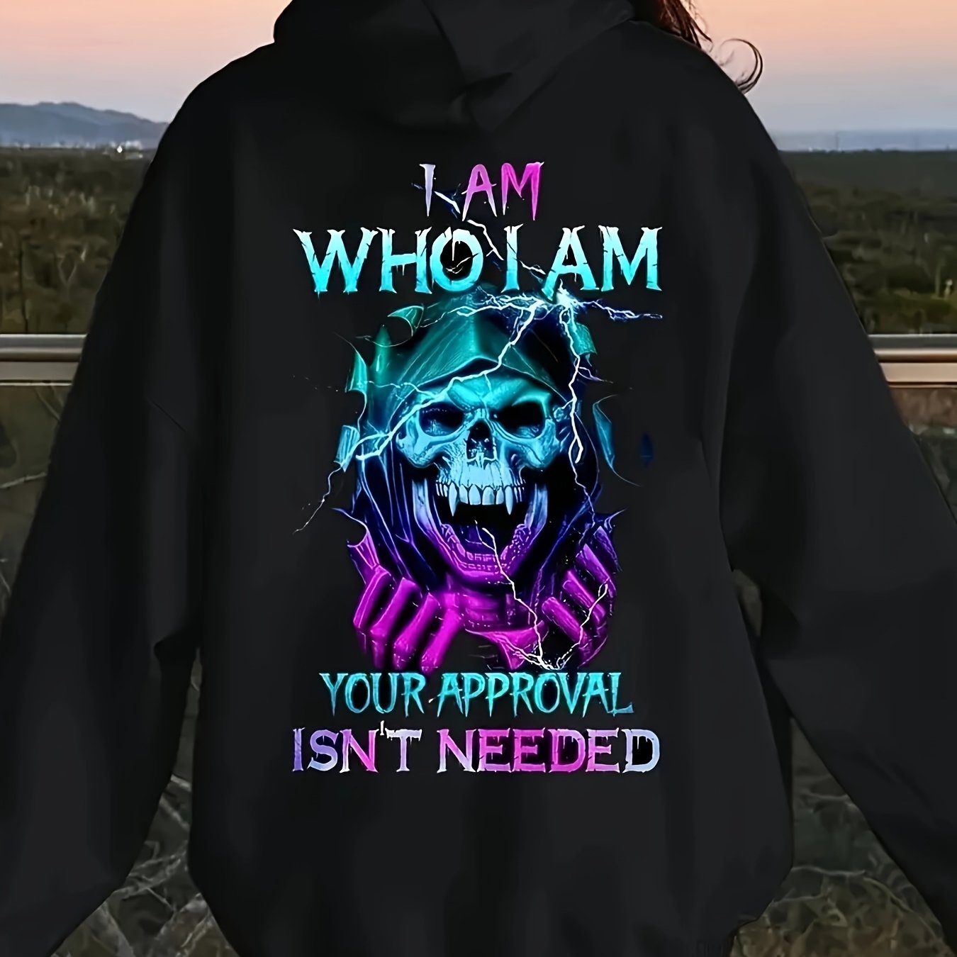 Plus Size Casual Skull Print Hoodie, Polyester Knit Fabric, Long Sleeve Pullover with Drawstring Hood, Front Pocket, Slight Stretch, for Fall/Winter