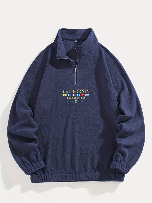 Men's Flags Embroidery Graphic Print Sweatshirt, Half Zipper Stand Collar Long Sleeve Top For Outdoor Gift