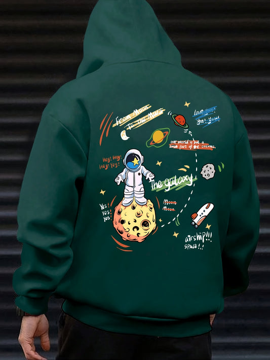 Men'S Casual Hooded Sweatshirt French Terry Polyester with Space-Themed Cartoon Print, Loose Fit Long Sleeve Pullover with Pocket