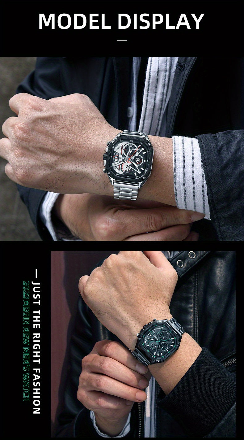 MEGIR Black Quartz Watch Men Square Dial Wristwatch with Chronograph Stainless Steel Strap Luminous Hands Auto Date