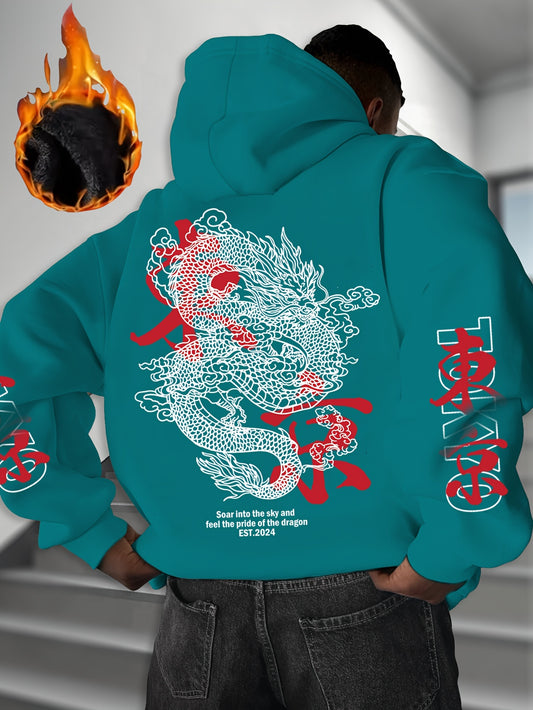 Dragon Print Hoodie, Cool Hoodies for Men, Men's Casual Graphic Design Pullover Hooded Sweatshirt with Kangaroo Pocket Streetwear for Winter Fall, As Gifts