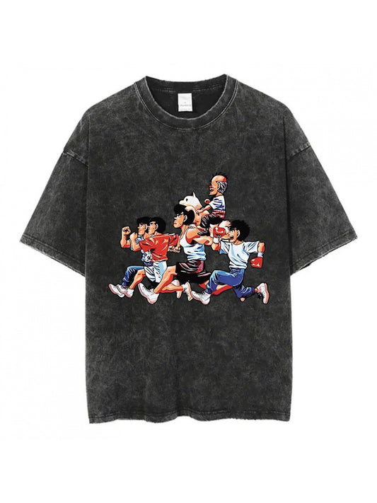Vintage Cotton Washed T-Shirt - Anime Hajime No Ippo Kamogawa Boxing Gym Design, Loose Fit, Y2K Hip Hop Style, Summer Tee, Men, Women, Top