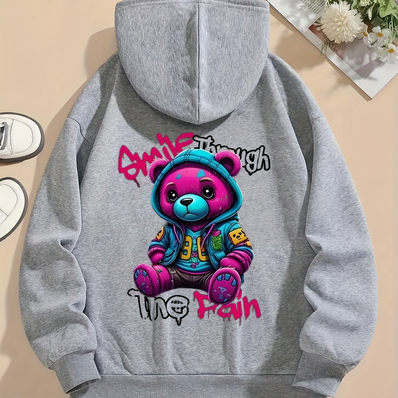 Women's Casual Graphic Teddy Bear Hoodie - Stylish Black Pullover with Colorful Design, Drawstring Hood, Long Sleeves, Machine Washable, Polyester - Perfect for Fall & Winter