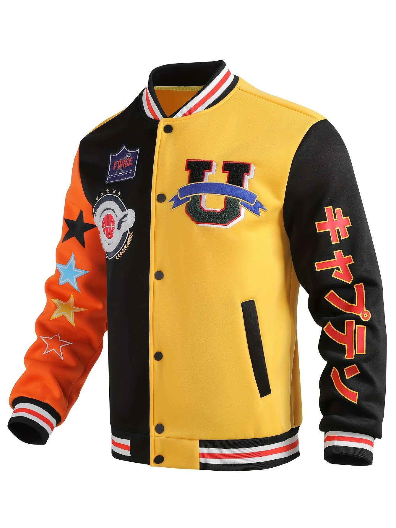 Men's Casual Letter Print Embroidered Color Block Street Style Outdoor Sports Baseball Jacket with Knitted Fabric, Long Sleeve, Baseball Collar, Single Button Closure, and Pocket Details