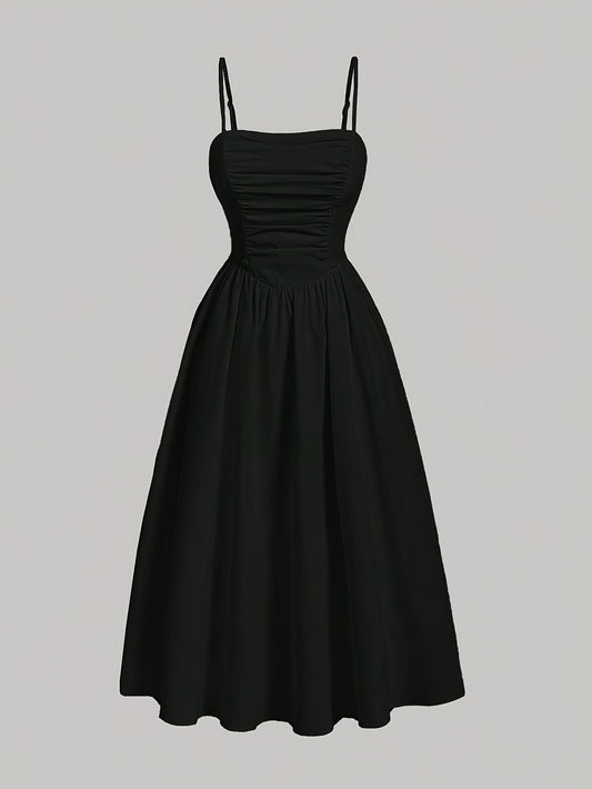 [All-Season A-Line Dress Machine] Elegant Off-Shoulder A-Line Dress - Solid Color, Shirred Waist, Machine Washable - Perfect for All Seasons
