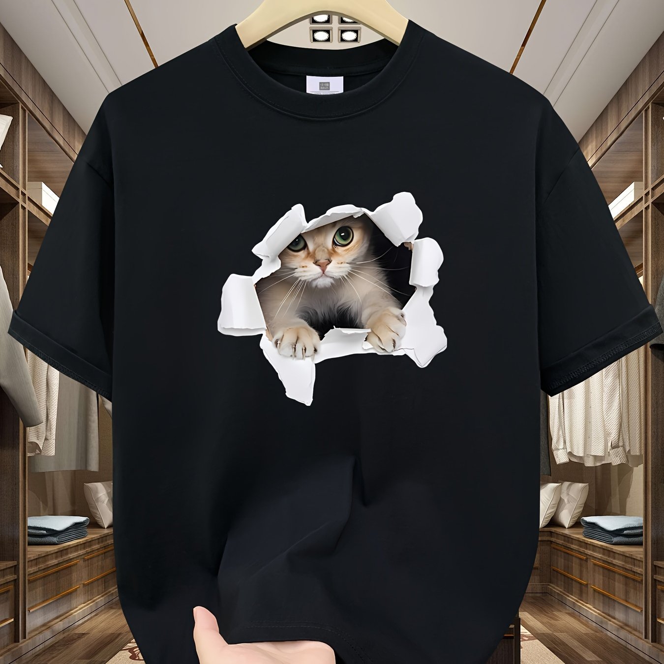 Men's 100% Cotton Loose Cat Graphic Print T-shirt, Short Sleeve Crew Neck Tee, Men's Clothing For Summer Outdoor