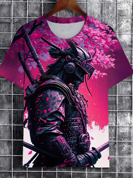 Summer Samurai 3D Print T-Shirt for Men - Polyester Casual Crew Neck Tee with Slight Stretch, Vibrant Warrior Print, Short Regular Sleeves, Knit Fabric - Casual Weekend Wear