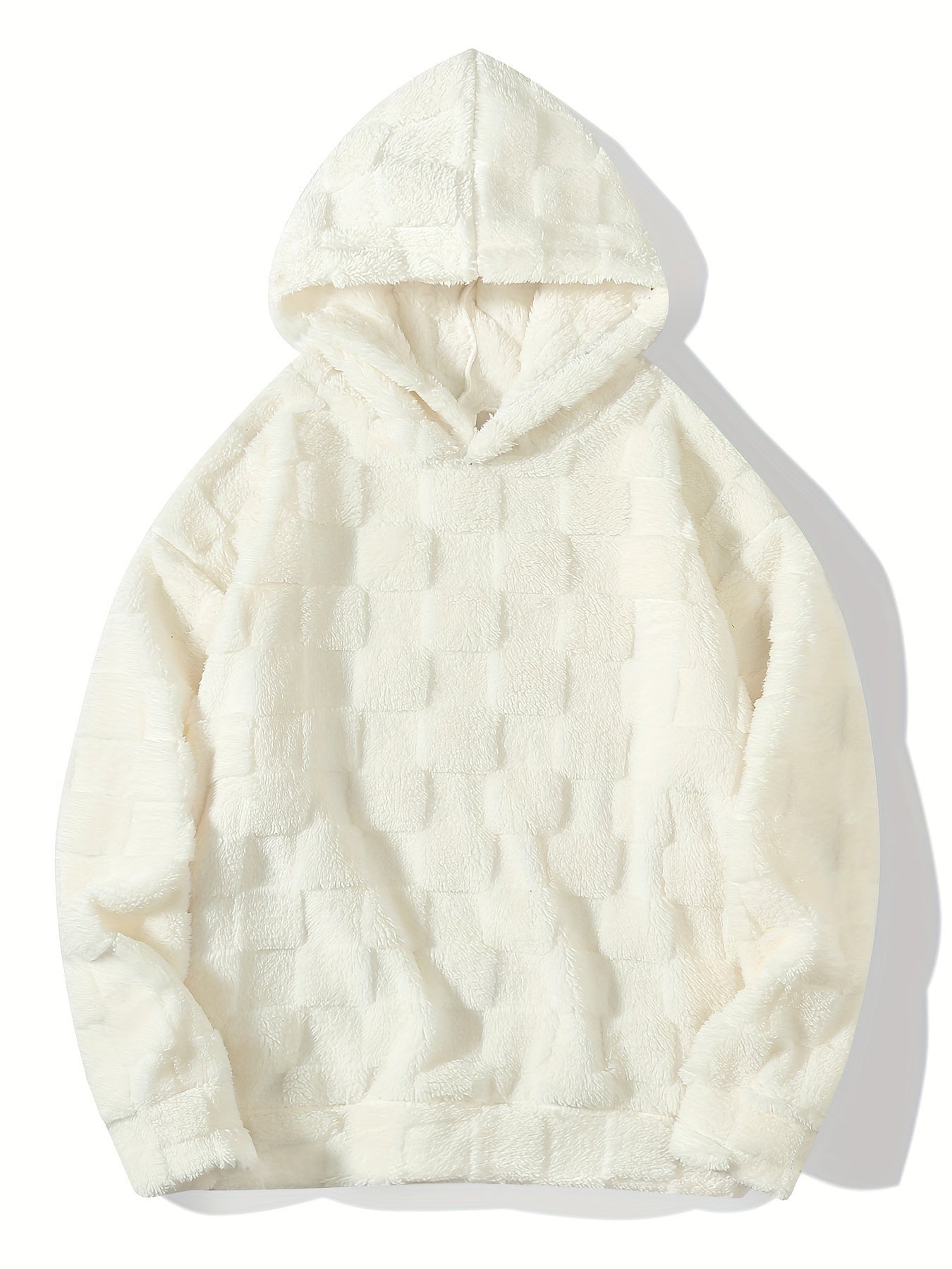 Men's Hooded Long Sleeve Pullover, KJ-W05, Polyester, Casual Style, Non-Stretch, Checkered Pattern, Loose Fit, Knitted Fabric, Fashionable Men's Sweatshirt