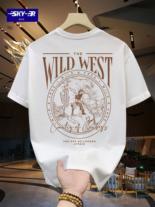 SKY·R Men's Loose 100% Cotton Cowboy Graphic Print T-shirt, Casual Short Sleeve Crew Neck Tee, Men's Clothing For Summer Outdoor