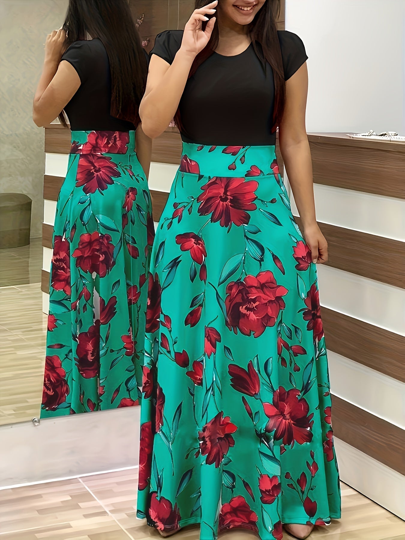 Floral Print Splicing Maxi Dress, Casual Crew Neck Short Sleeve Dress For Spring & Summer, Women's Clothing