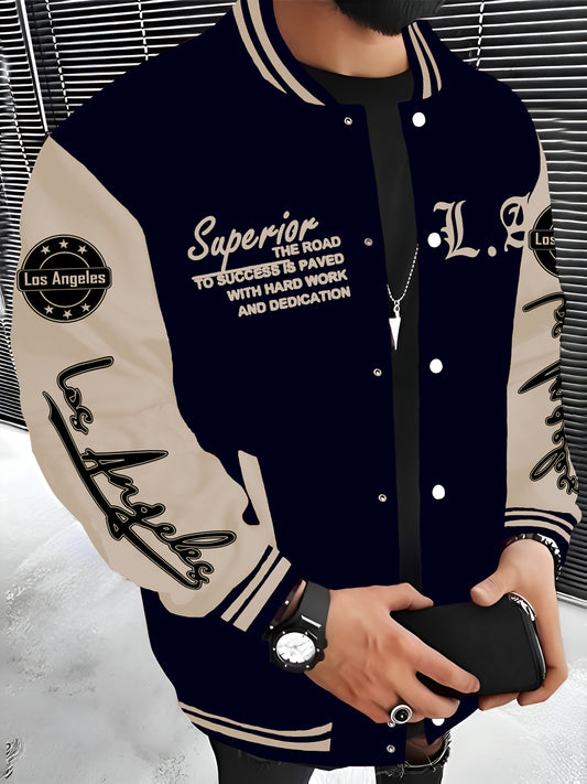 1pc Los Angeles Inspired Casual Polyester Fleece-Lined Baseball Jacket for Men, Letter Print, Snap Closure, Regular Fit, Hip-Hop Rock Style, Fashionable Outerwear for Autumn/Winter