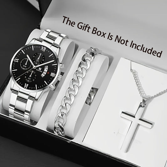 3pcs set of stylish Men's Roman scale quartz watch set, with convenient calendar design and stainless steel strap, alloy case, non-waterproof, including matching necklace, bracelet, accurate timing and fashionable accessories