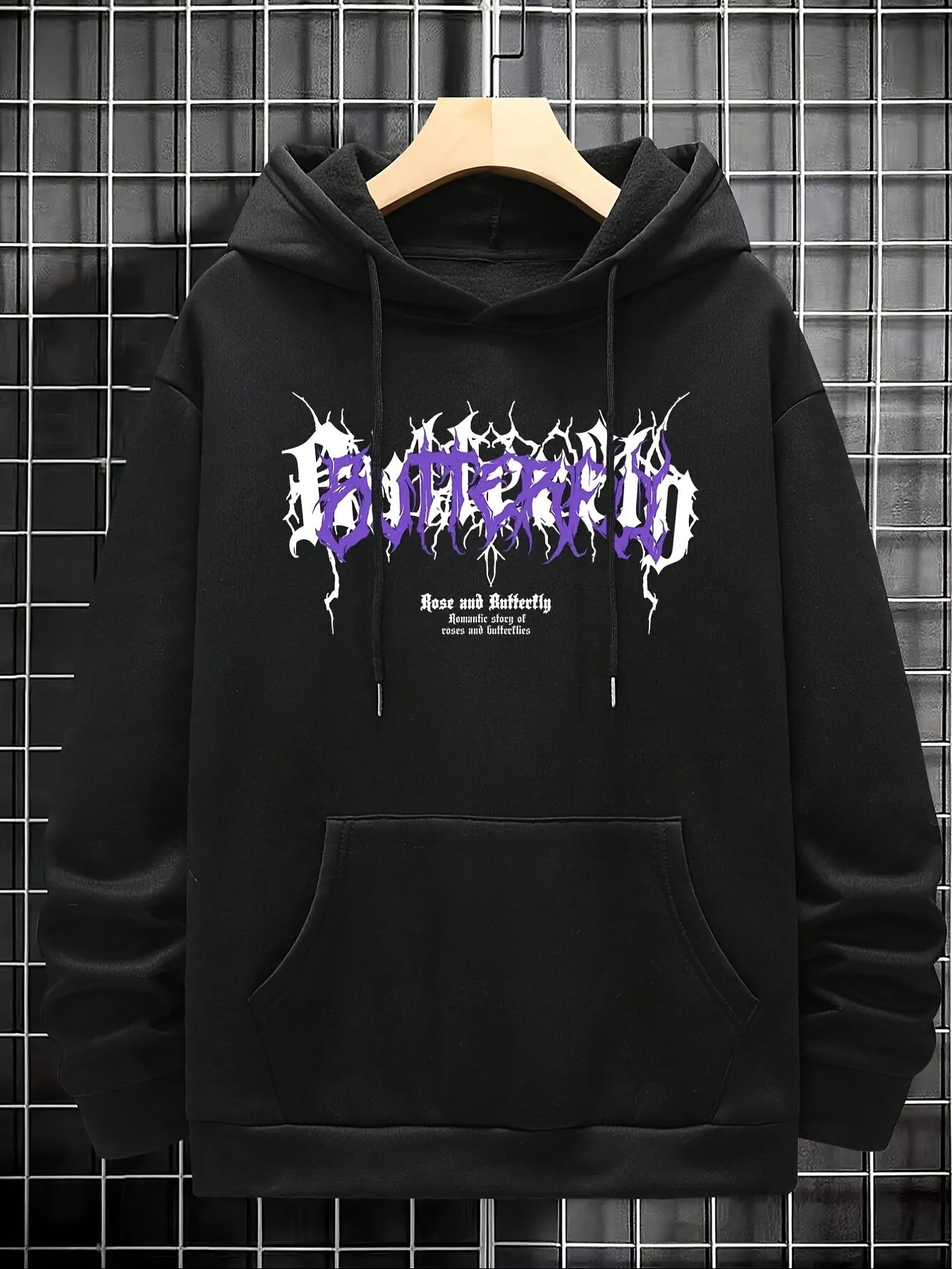 Men's Casual Hoodie with Letter and Butterfly Print, Fleece-Lined Loose Fit Pullover, Polyester, Non-Stretch Fabric - Ideal for Fall/Winter