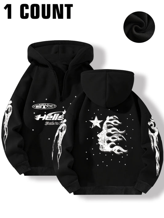 1pc Unisex Casual Hooded Sweatshirt with Flame and Woman Face Print, Long Sleeve Pullover with Slight Stretch, Knit Polyester Fabric, Regular Length, Loose Fit Hoodie for Men and Women