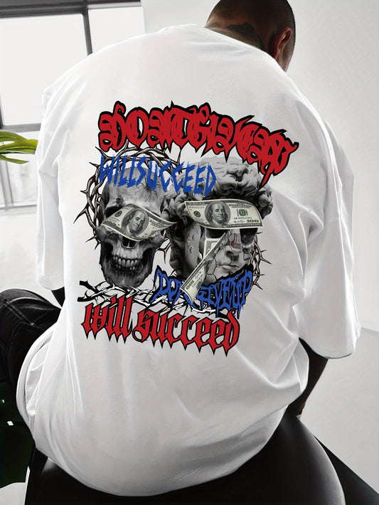 Men's Edgy Skull & Money Graphic T-Shirt - Casual Streetwear, Loose Fit, Crew Neck, Short Sleeve, 100% Polyester, Machine Washable - White with Bold Black & Red Print for Summer, Summer Tshirt|Bold Graphic Tee|Glossy Finish