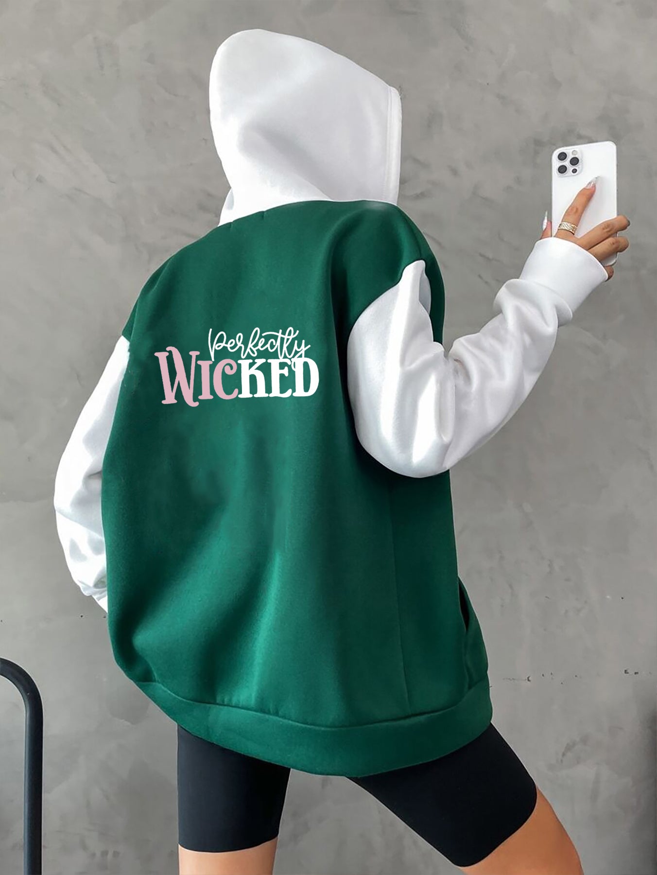 Wicked Witch-Inspired Fall/Winter Hoodie - Casual Zip-Up with Letter Print, Drawstring & Pockets, Cozy Fleece Lining, Patchwork, Sweater