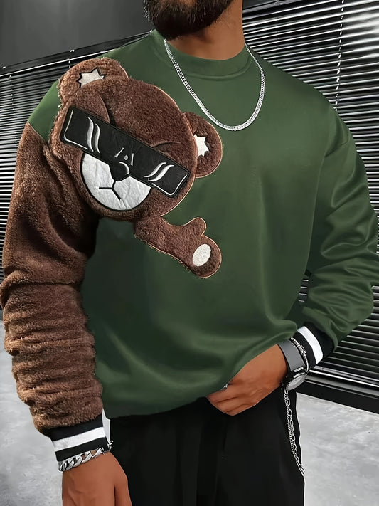 Men'S Casual Crew Neck Sweatshirt with Cartoon Embroidery, 100% Polyester Knit Fabric, Slight Stretch, Regular Fit, 150g/m² - Sporty & Comfortable