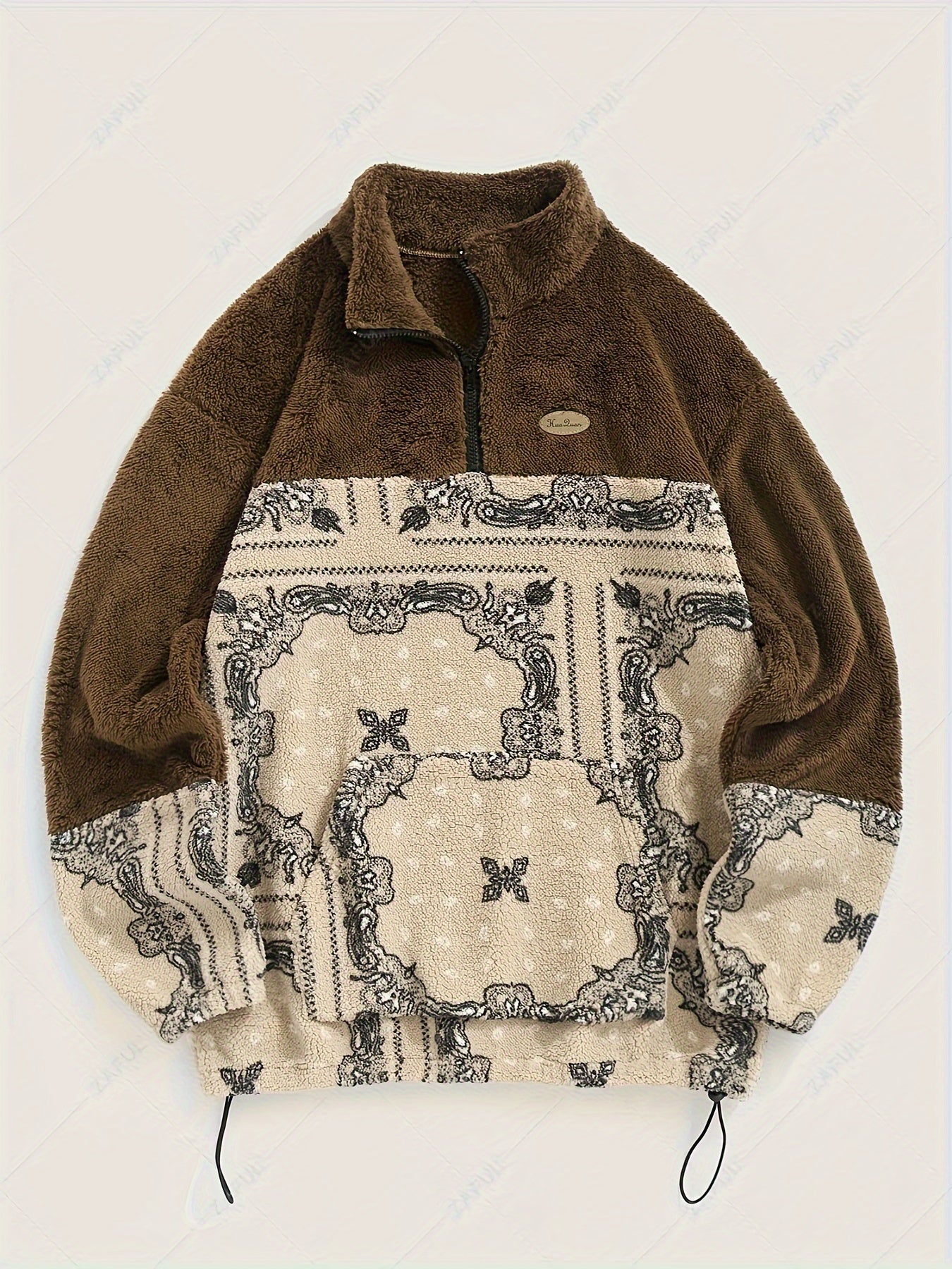 Men's Casual Paisley Pattern Stand Collar Jacket, 100% Polyester Knit Fabric with Medium Stretch, Loose Fit Zip-Up with Drawstring Hem, Long Sleeve Streetwear for Daily Commute and Winter Outings, Casual Winter Jacket|Trendy