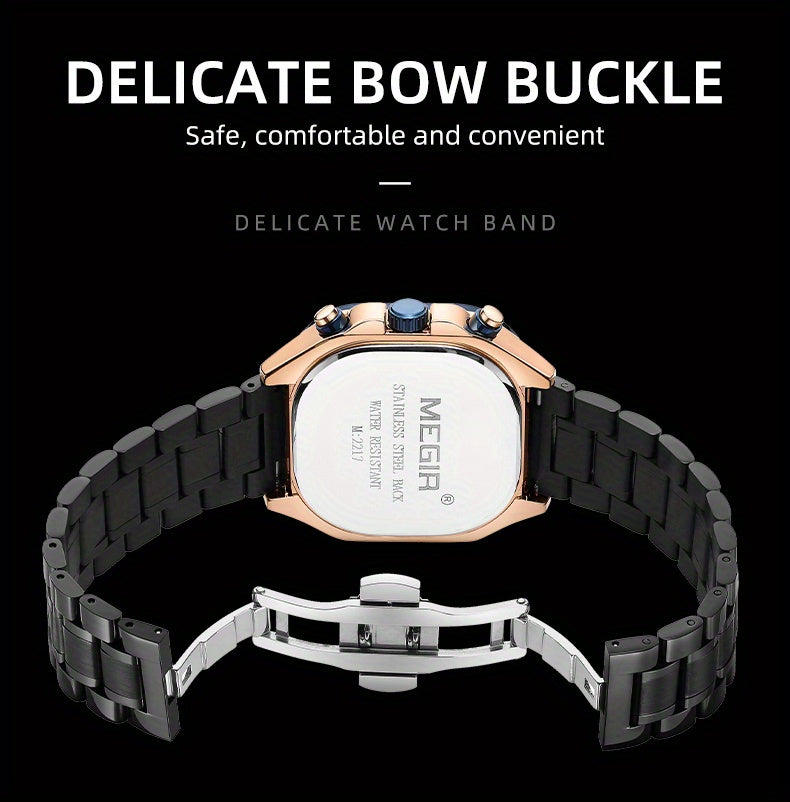 MEGIR Black Quartz Watch Men Square Dial Wristwatch with Chronograph Stainless Steel Strap Luminous Hands Auto Date