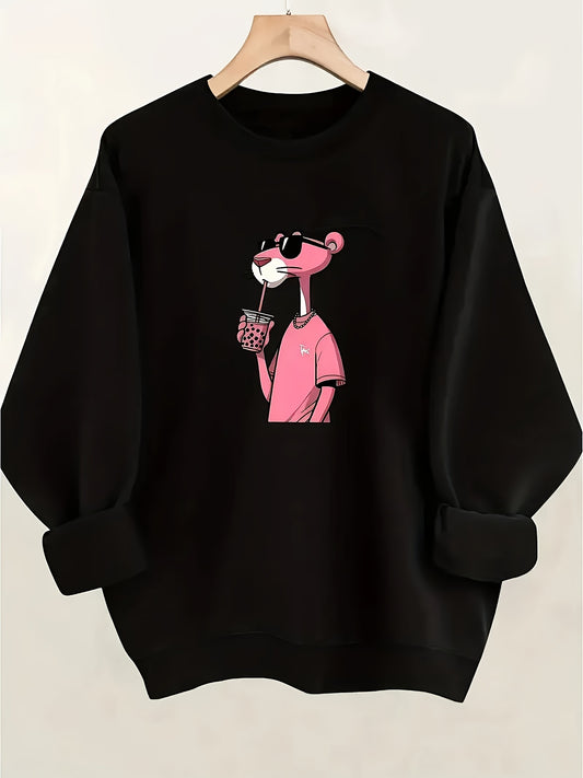 1pc Women'S Casual Crew Neck Sweatshirt with Pink Leopard Print, Polyester Knit Fabric, All-Season Sports Style Top, Patterned Solid Color Home Wear