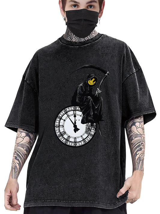 Streetwear Staple, Grim Reaper Print Men's Crew Neck Fashionable Short Sleeve Sports Cotton T-shirt, Comfortable And Versatile, for Summer And Spring, Athletic Style, Comfort Fit T-Shirt, As Gifts