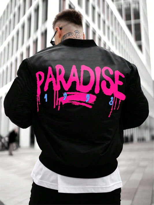1pc Men'S Street Style Polyester Flight Jacket with "Paradise" Print, Long Sleeve, Baseball Collar, Zipper Closure, Pockets, Loose Fit, Regular Length, Woven Fabric, Casual Outdoor Sports Coat for Spring/Fall