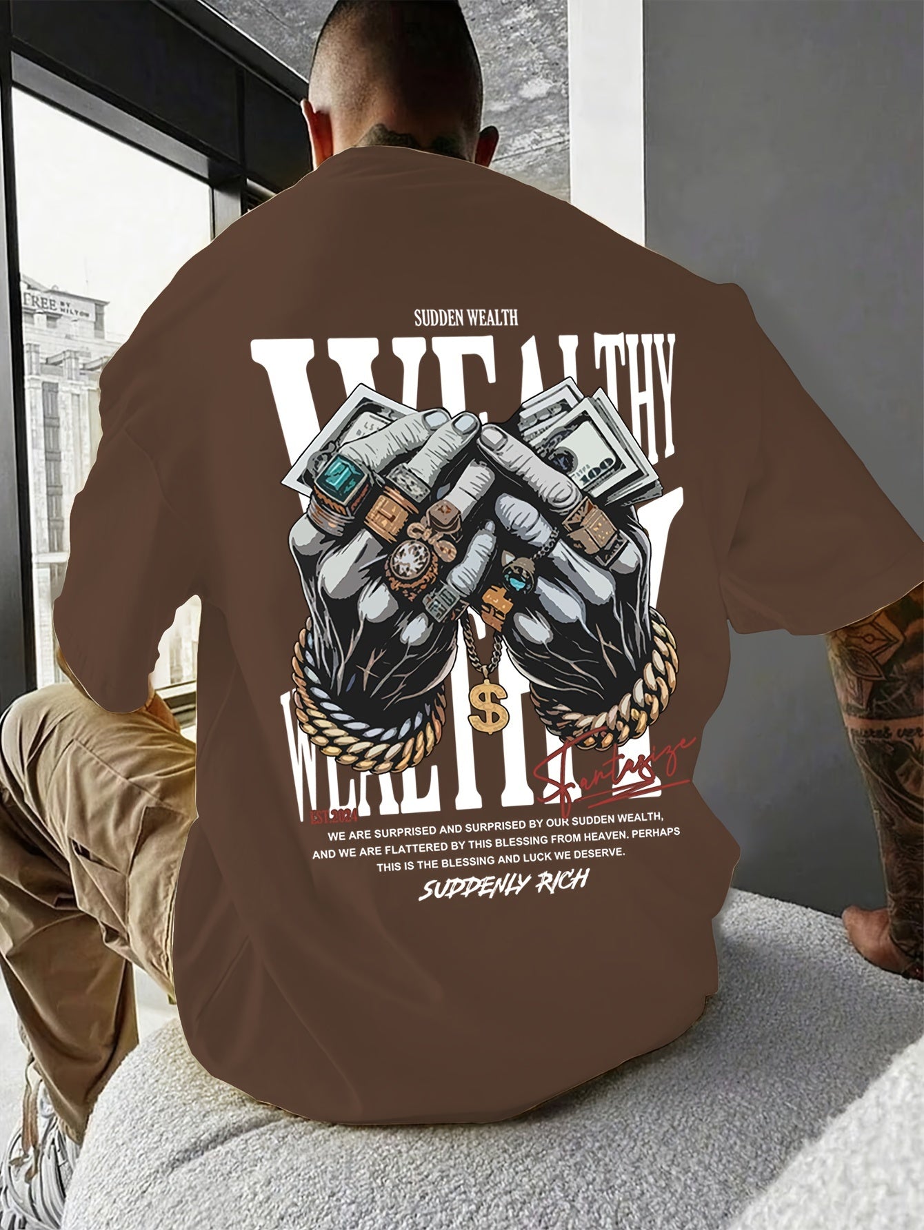 Men's Casual Graphic Tee with Unique Hand Jewelry Design - Soft Polyester Blend, Stretch Fit, Machine Washable - Perfect for Summer Outings