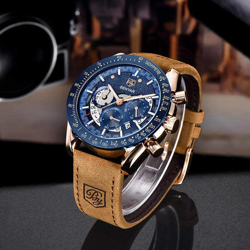 Benyar Chronograph Men's Watch - Analog Quartz Stylish Sports Wristwatch - Elegant Father's Day Gift