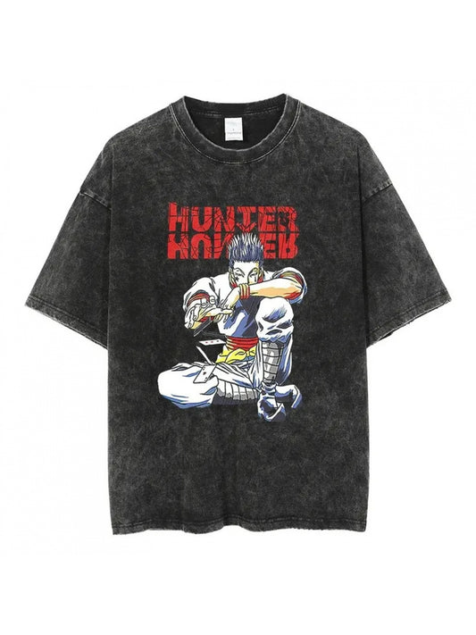 2024 Vintage Oversized Cotton T-Shirt for Men and Women, Black Japanese Anime Print, Harajuku Style, Short Sleeve, Round Neck - Machine Washable, Summer, T Shirt, Washed