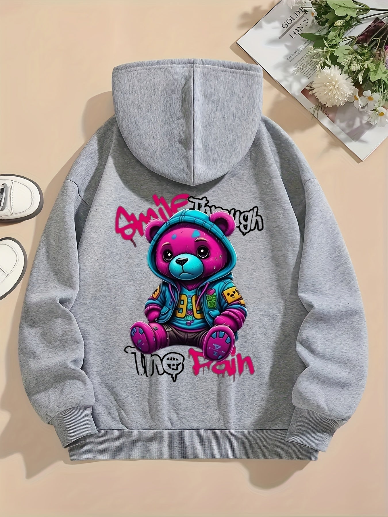 Women's Casual Graphic Teddy Bear Hoodie - Stylish Black Pullover with Colorful Design, Drawstring Hood, Long Sleeves, Machine Washable, Polyester - Perfect for Fall & Winter