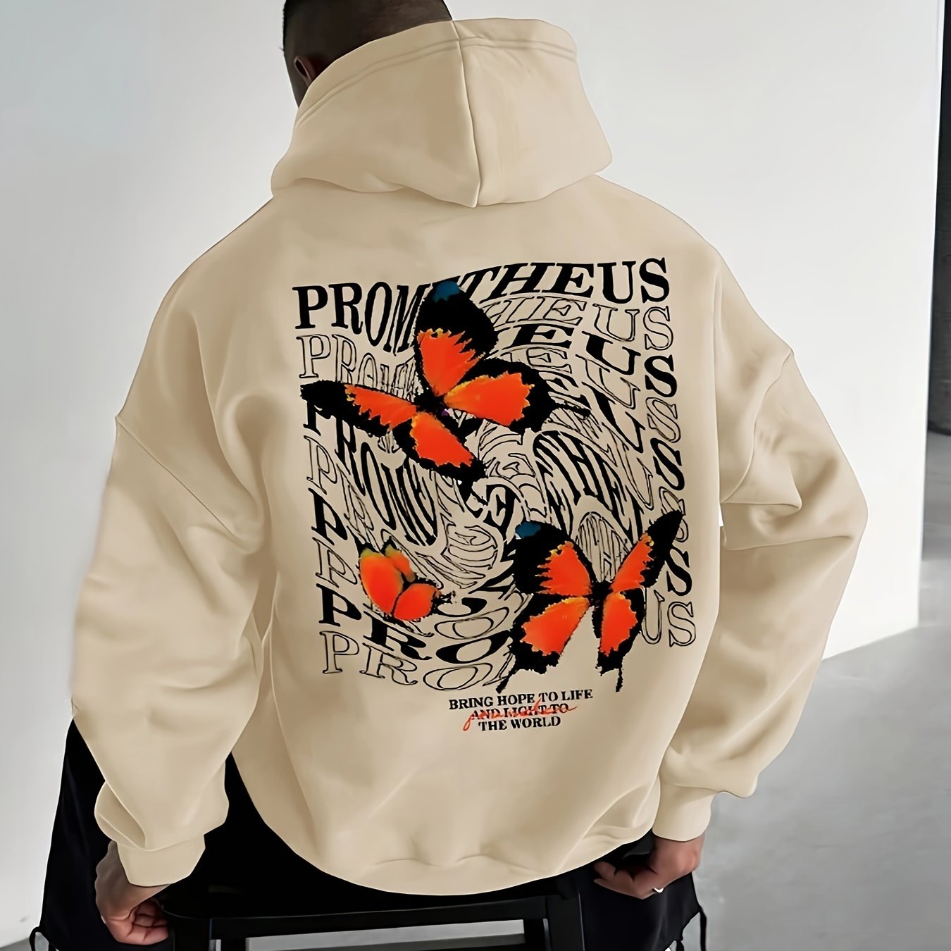 Men'S Beige French Terry Hoodie with Butterfly Print, Casual Pullover Sweatshirt with Pockets, Unstretched Knit Fabric, Loose Fit, for Sports & Leisure