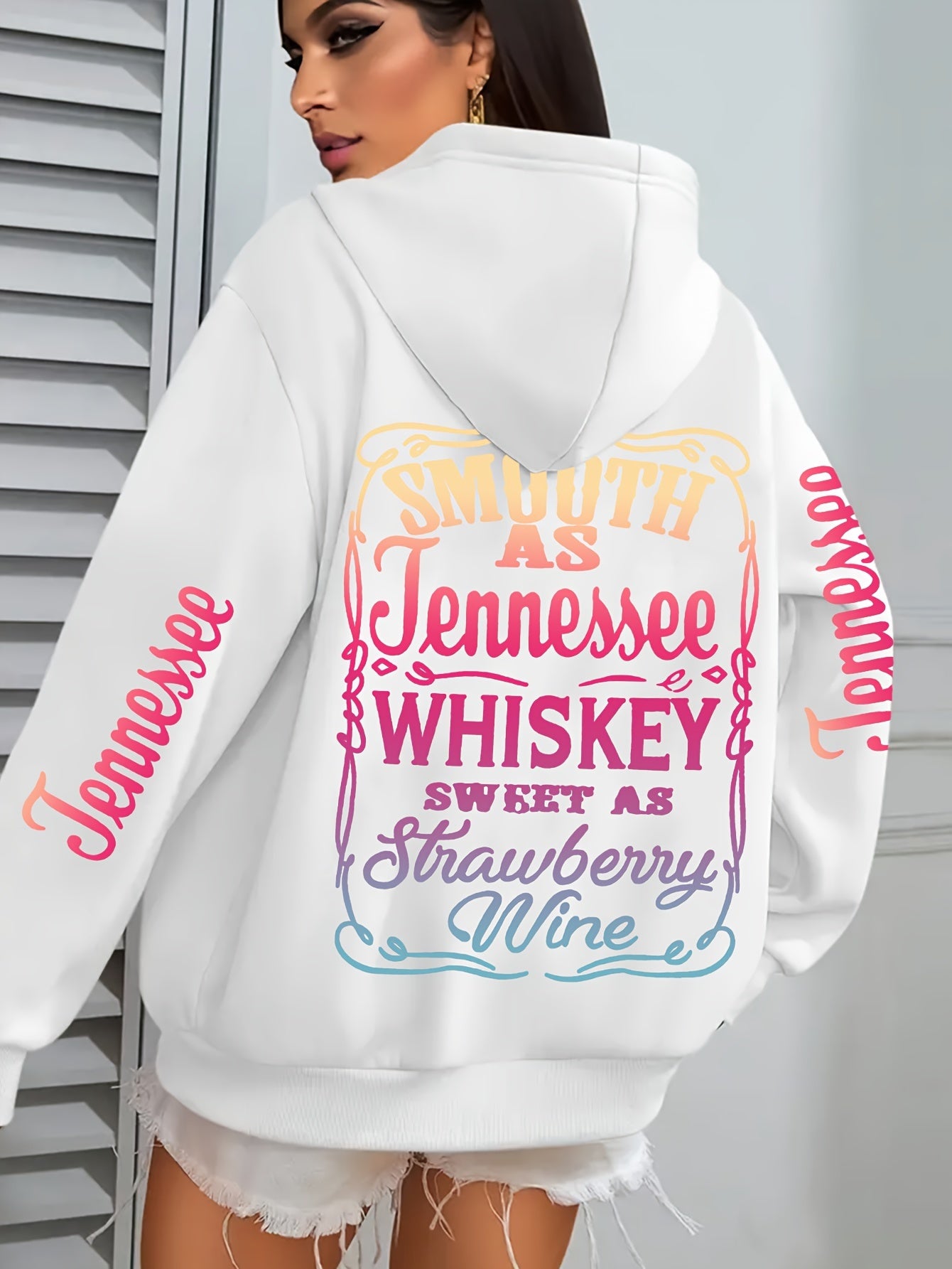 Plus Size Casual Hoodie with Tennessee Whiskey & Strawberry Wine Applique - 100% Polyester, Hooded, Medium Stretch Knit Fabric, Alphabet Pattern, Cozy Fall/Winter Style