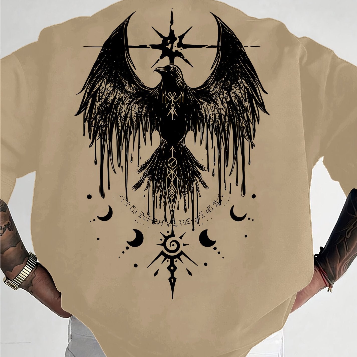 Men'S Raven Totem Print T-Shirt, 100% Polyester, Street Style, Loose Fit, Crew Neck, Slight Stretch Knit Fabric, Animal Pattern, for Summer