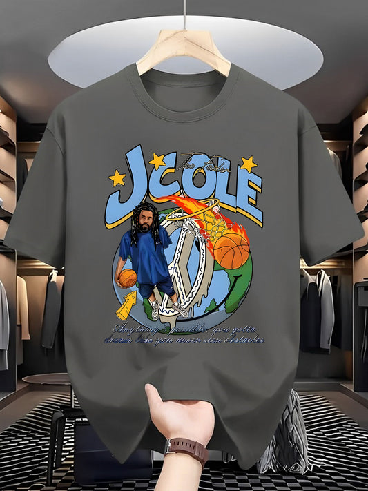 [1pc J Cole 2.0 Graphic Print T-Shirt] 1pc J Cole 2.0 Graphic Print T-Shirt for Men, Casual Summer Knit Polyester Tee, Round Neck, Short Sleeve, Regular Fit, Breathable Fabric, Adult Fashion Top