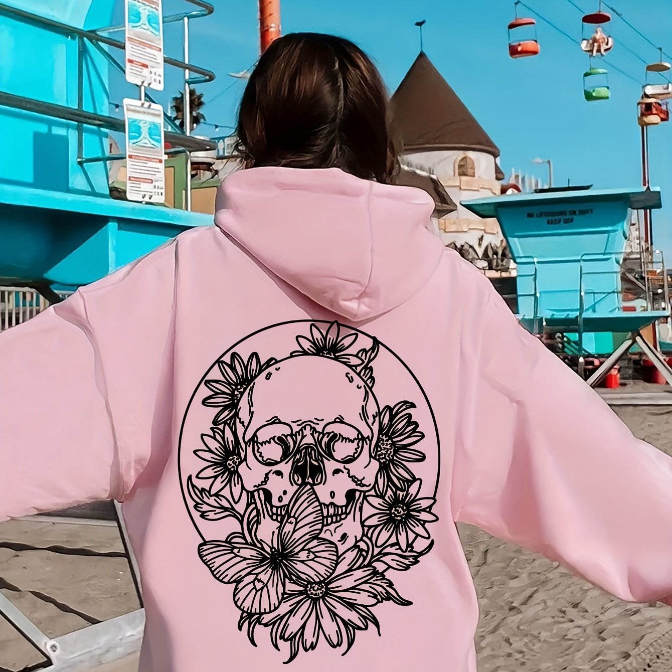 Plus Size Floral Skull Print Hoodie - Casual Oversized Pullover with Long Sleeves, Pocket Detail, Slight Stretch Polyester - Women's Fall/Winter Hooded Knit Sweatshirt
