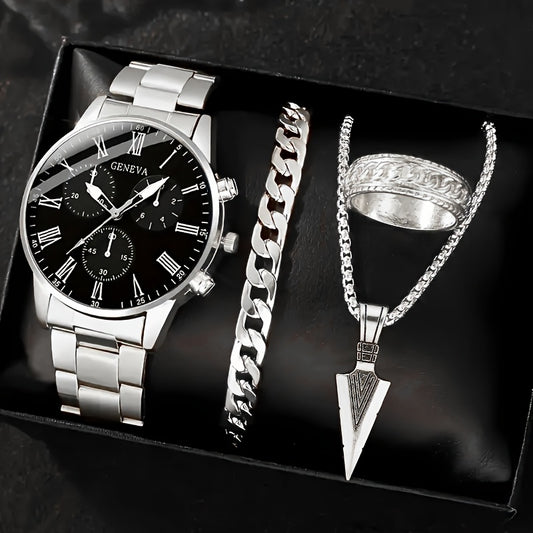 Men'S 4pcs Stylish Gift Set: a Business Round Case Stainless Steel Quartz Watch, a Silvery Arrow Necklace, a Bracelet, And a Ring - The Perfect Accessories for Business Casual.
