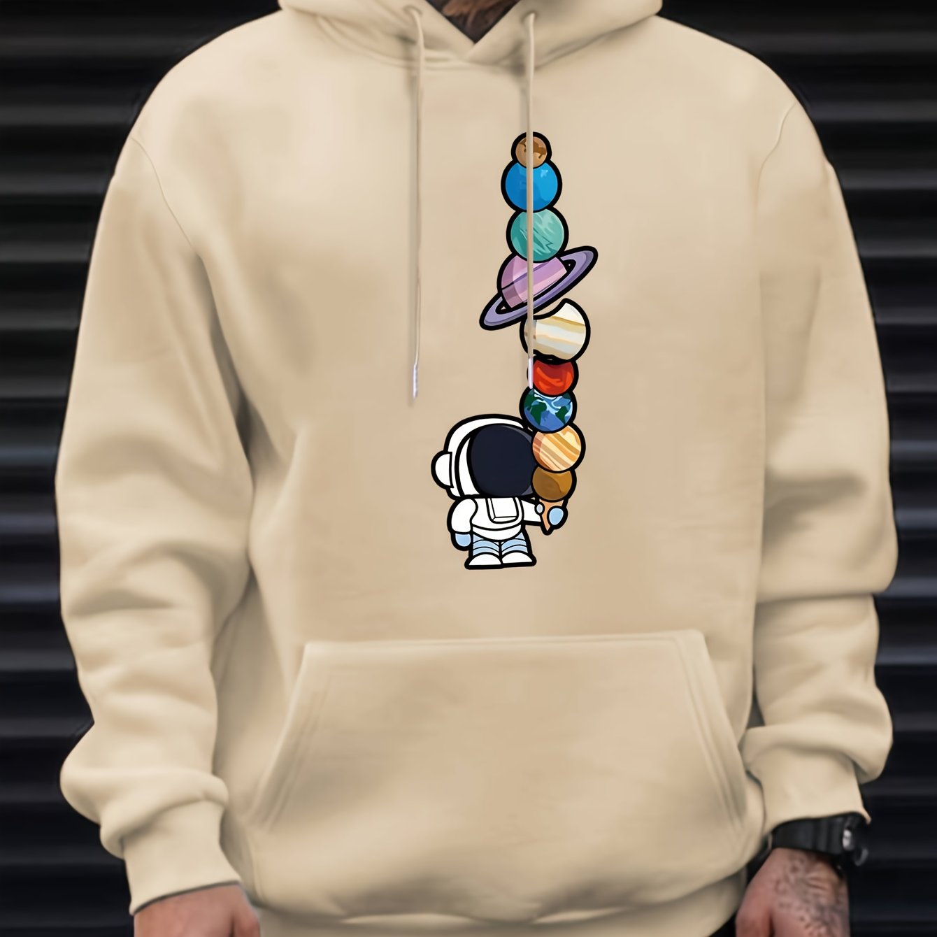 Astronaut And Planets Pattern Print Hooded Sweatshirt, Hoodies Fashion Casual Tops For Spring Autumn, Men's Clothing