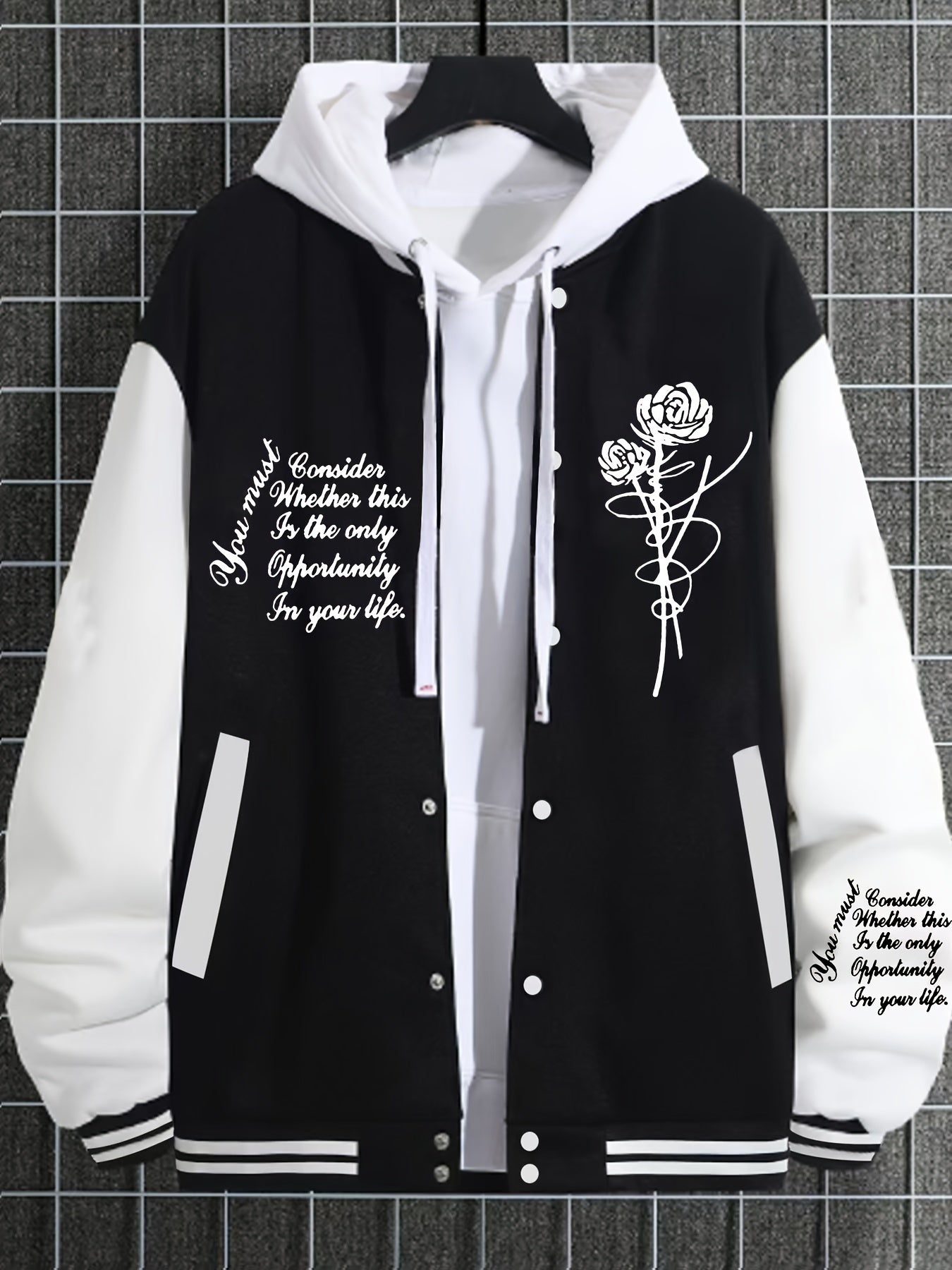 1pc Men'S Fashion Casual Sports Jacket with Rose Print - Polyester Knit Fabric, Baseball Collar, Double Breasted Closure, Regular Fit, Slight Stretch, Animal Pattern, Pocket Details, Lined with Polyester Fiber