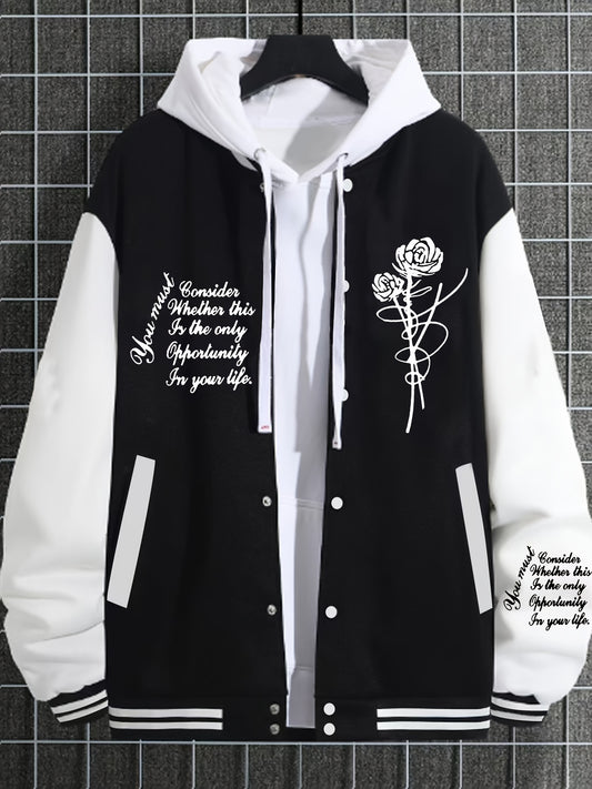 1pc Men'S Fashion Casual Sports Jacket with Rose Print - Polyester Knit Fabric, Baseball Collar, Double Breasted Closure, Regular Fit, Slight Stretch, Animal Pattern, Pocket Details, Lined with Polyester Fiber