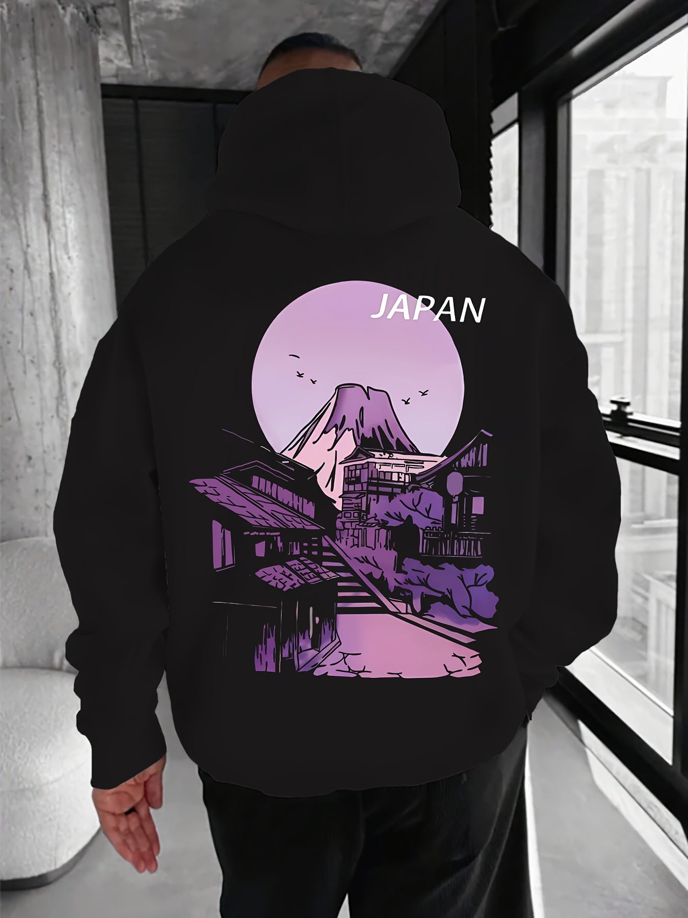 JAPAN Village Scene Printed Men's Stylish Pullover Hoodie, Autumn Winter Hooded Sweatshirt, Soft Fabric, Regular Fit