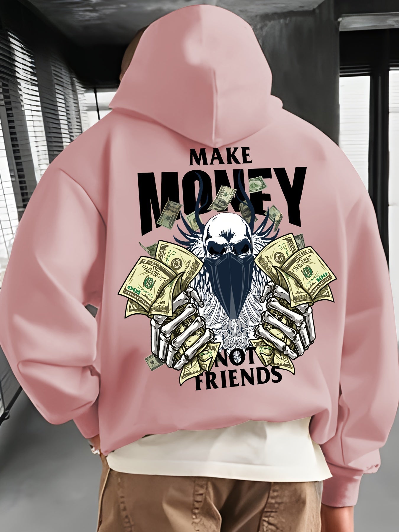 MAKE MONEY NOT FRIENDS Print Kangaroo Pocket Hoodie, Casual Long Sleeve Hoodies Pullover Sweatshirt, Men's Clothing, For Fall Winter