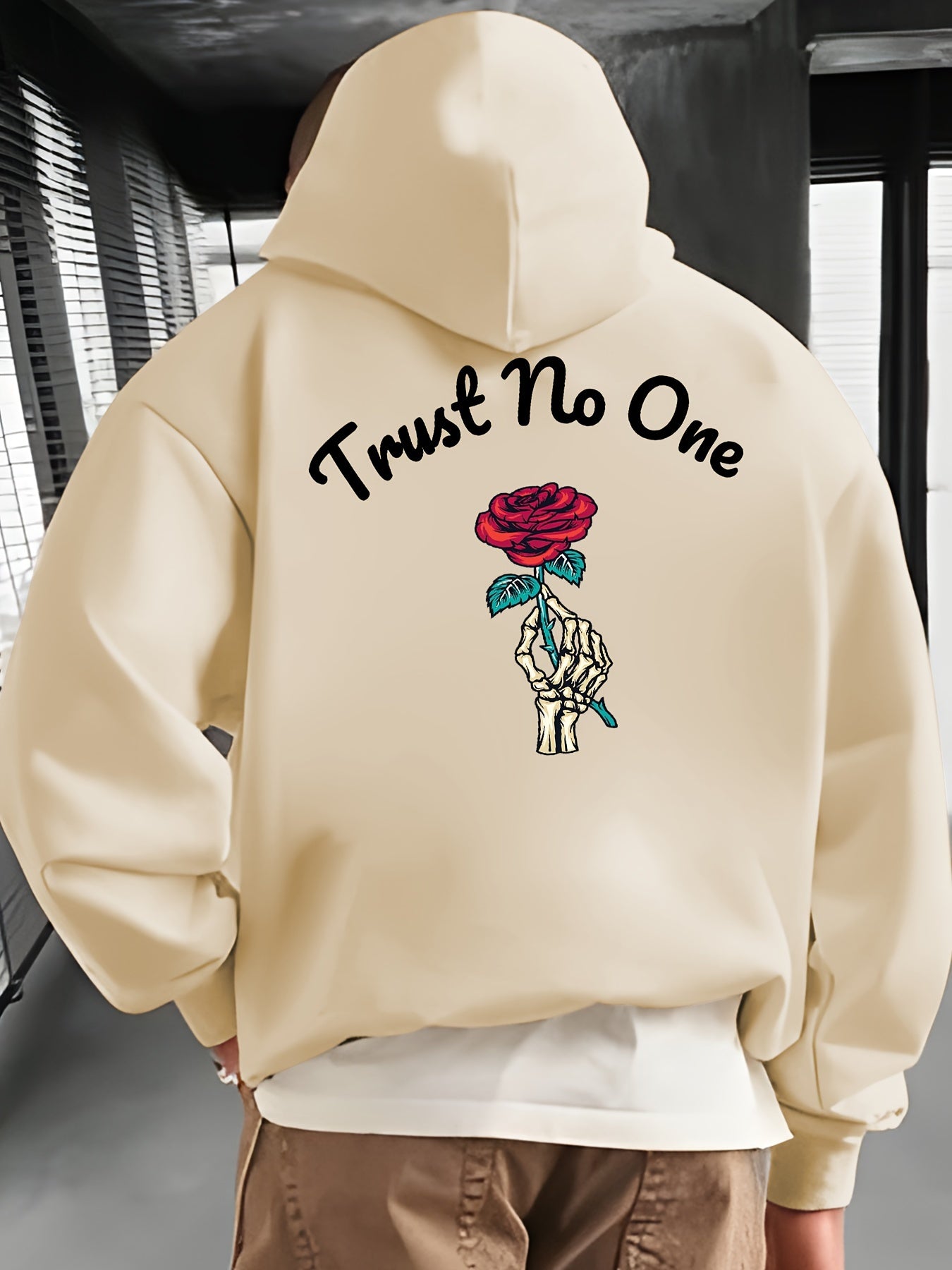 Rose Print Kangaroo Pocket Hoodie, Casual Long Sleeve Hoodies Pullover Sweatshirt, Men's Clothing, For Fall Winter