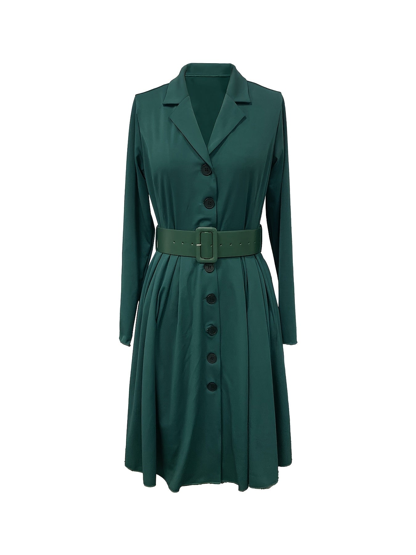 Elegant Solid Color Long Sleeve Dress with Belt for Women, Polyester Spandex Blend, Machine Washable - Spring/Summer/Fall, European And American Style, Fashion
